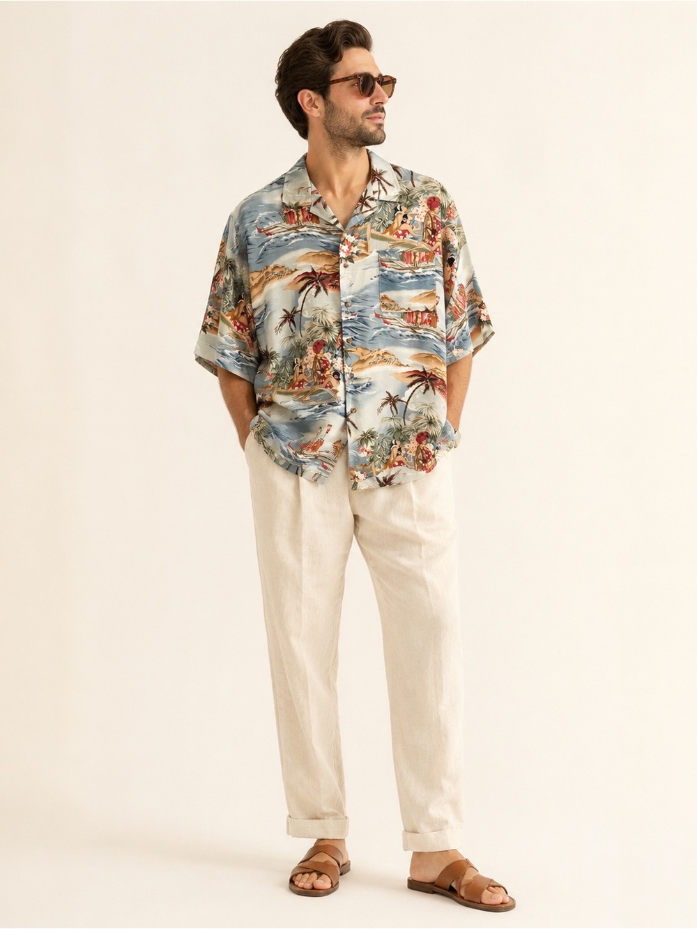 Vintage Hawaiian Aloha Camp Shirt Scenic Rayon Pocket Blue Sz XL